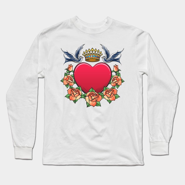 Heart with Crown swallows and rose Wreath Tattoo Long Sleeve T-Shirt by devaleta